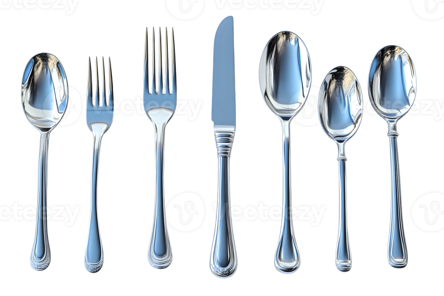 Set of Shiny Silverware Forks Spoons and Knife on Black Background for Culinary Design png