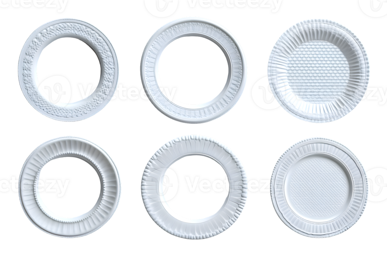 Six White Disposable Plates with Various Designs Isolated on Black Background for Catering Eve png