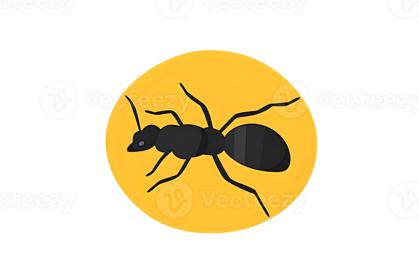 A black ant silhouette on a vibrant yellow circle background ideal for nature education and png