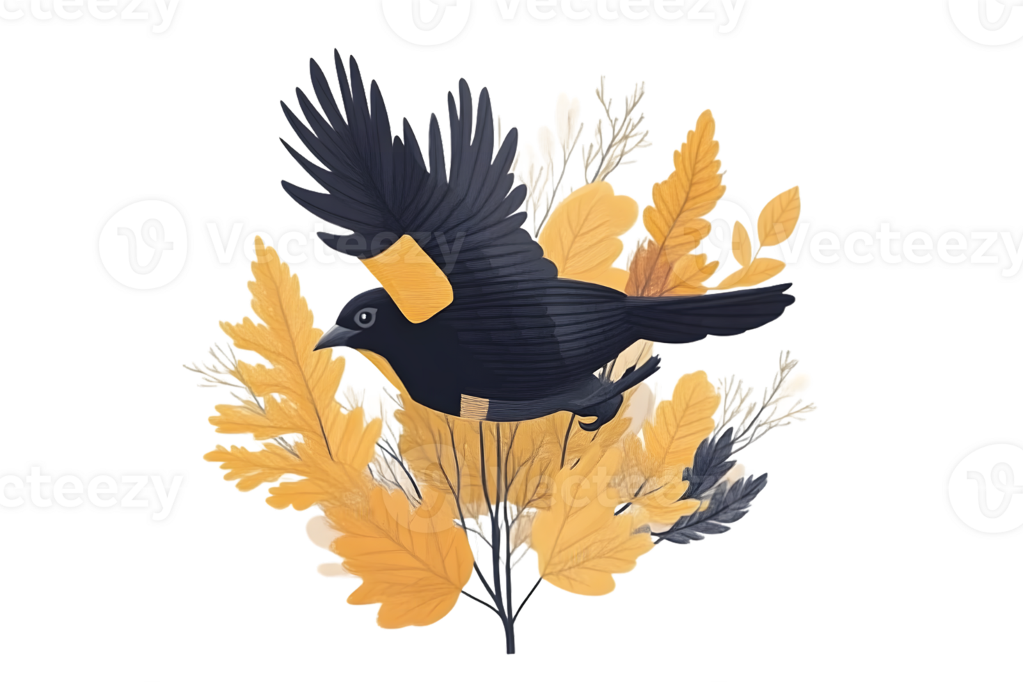 A black bird in flight surrounded by autumn leaves and branches perfect for nature and seasona png