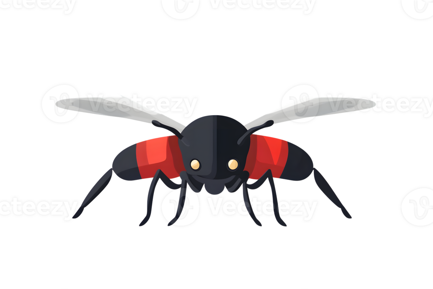 A cartoon insect with vibrant red and black stripes featuring translucent wings and expressive png