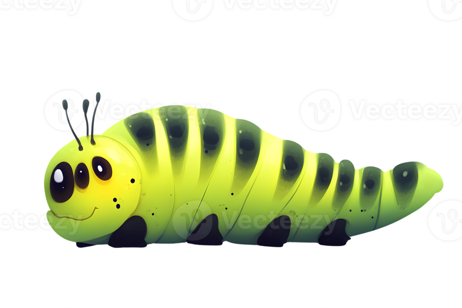 A cheerful caterpillar with bright green segments and expressive eyes perfect for childrens c png