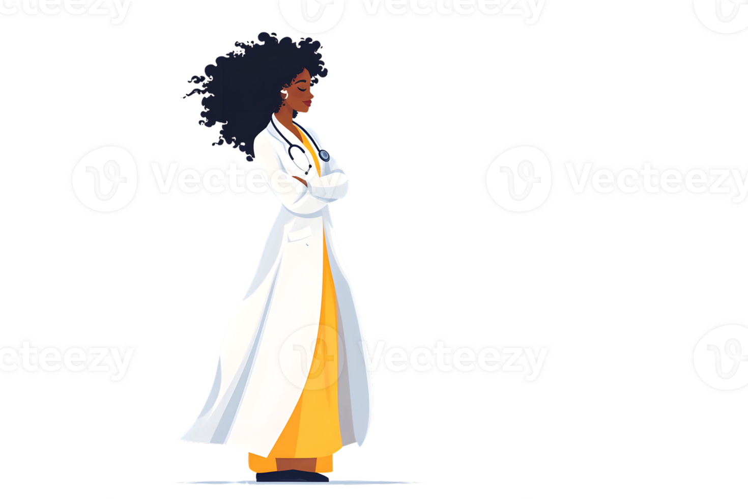 A medical professional in a white coat with a stethoscope standing confidently with arms cross png