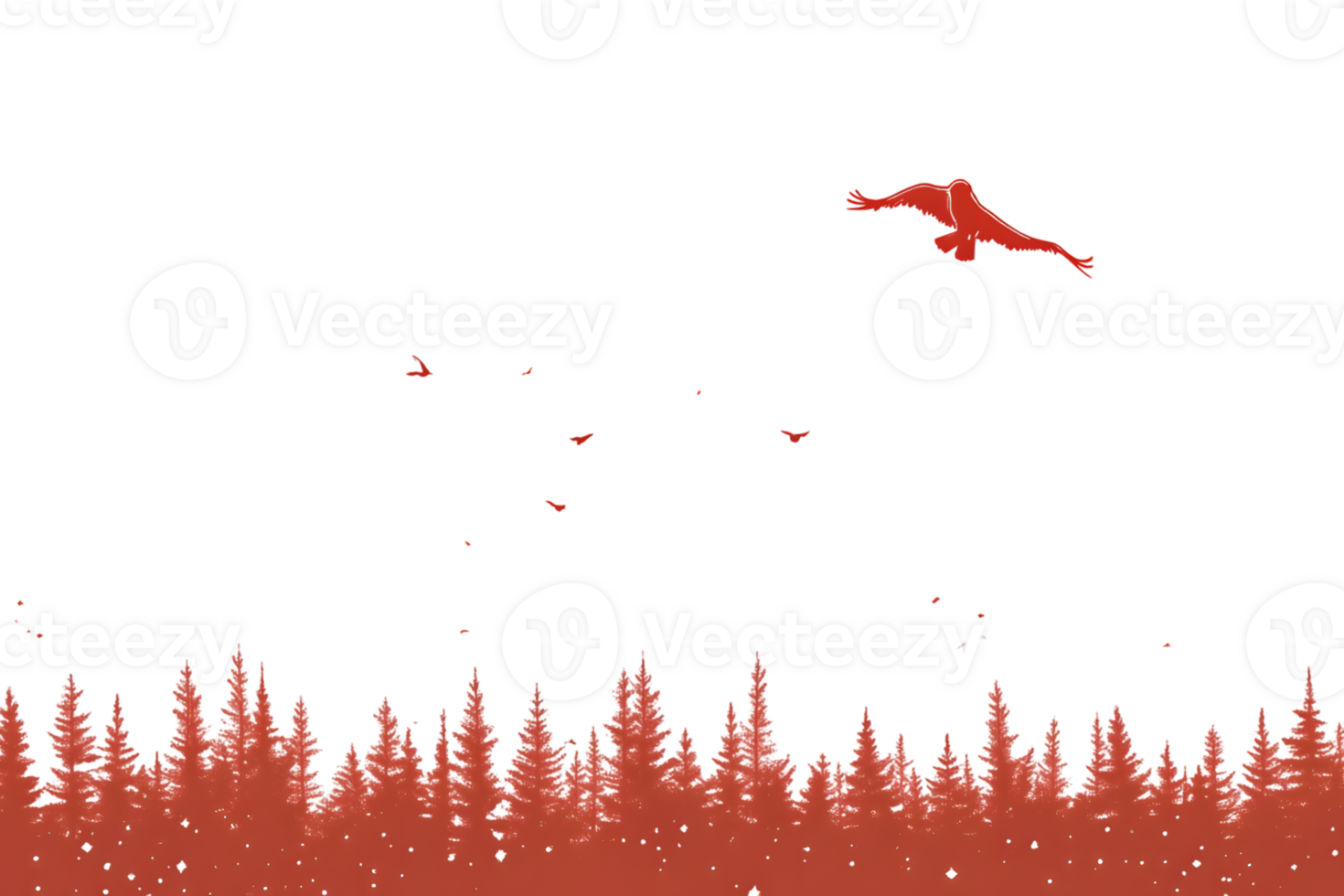 A silhouette of a bird soaring above a forest at night with glowing red elements and scattered png