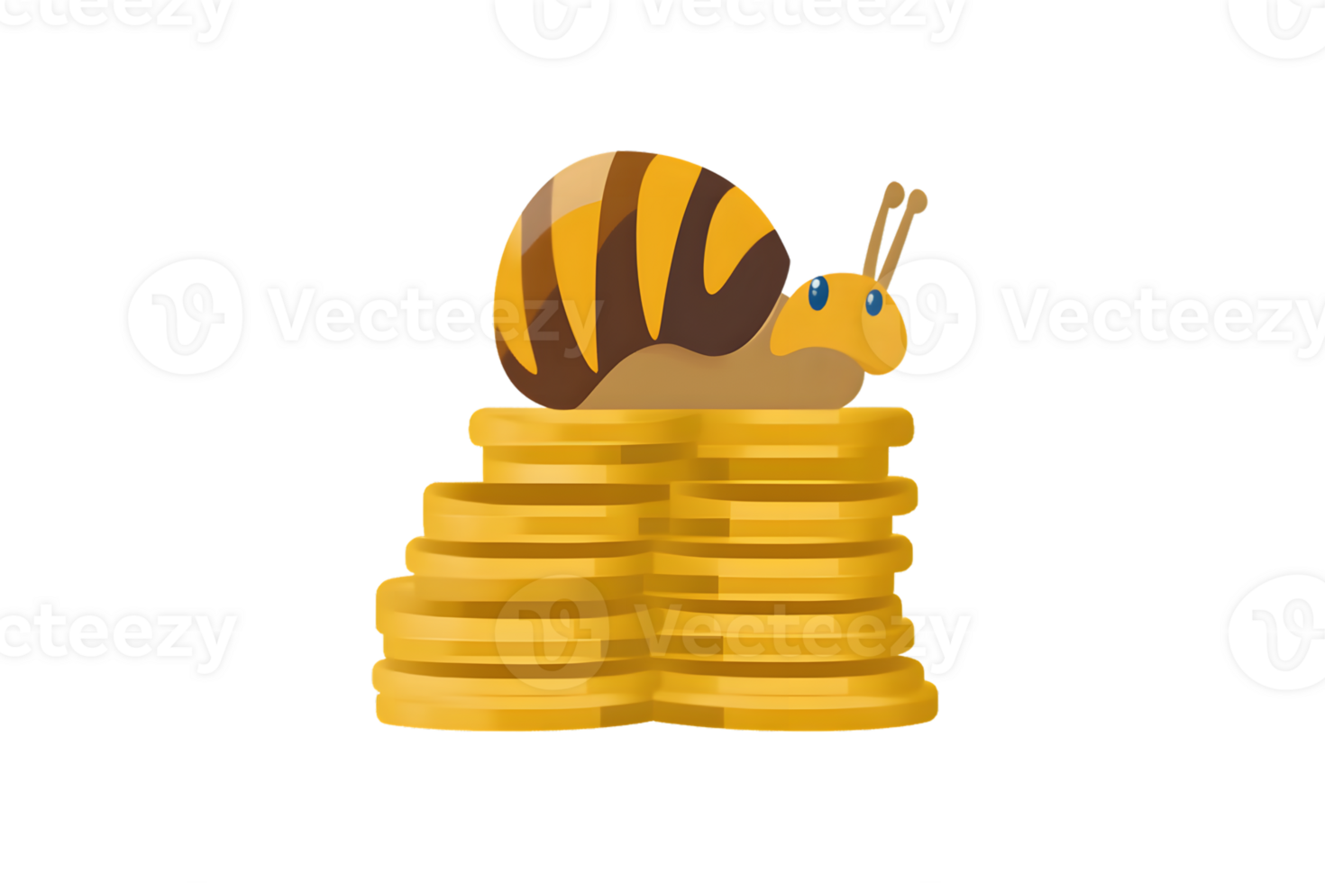 A snail perched atop a stack of golden coins symbolizing wealth and slow progress in financial png