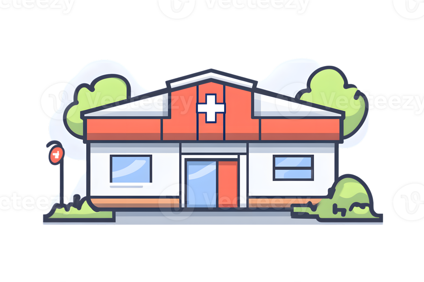 A vibrant medical facility with a red cross sign surrounded by greenery and clouds ideal for png