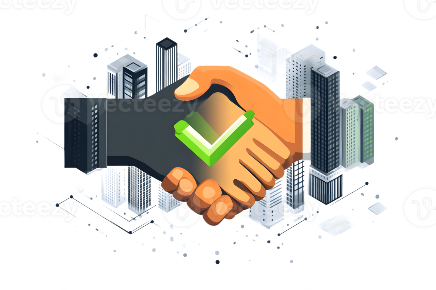 Business handshake with green checkmark symbolizing agreement and success in a modern urban set png