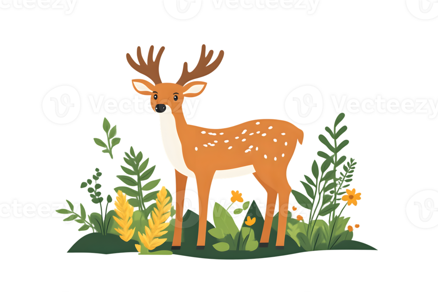 Charming Deer Illustration with Antlers and Forest Plants Ideal for NatureThemed Designs png