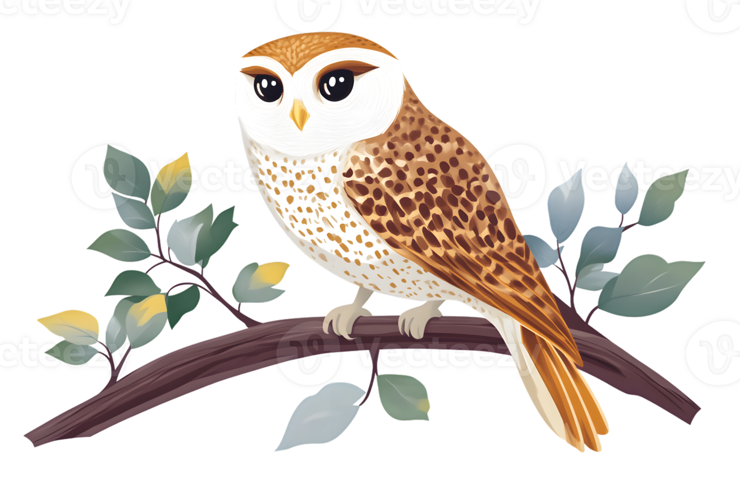 Charming Owl Perched on a Branch with Leaves Ideal for Nature and Wildlife Themes png