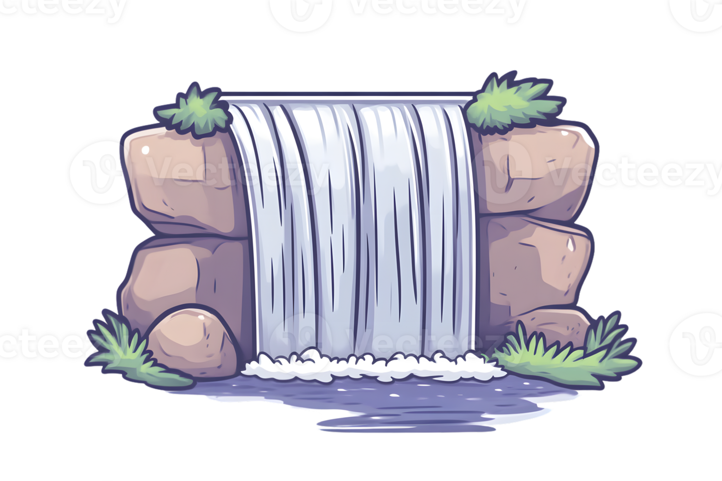 Charming Waterfall Scene with Rocks and Plants Ideal for Nature and Landscape Designs png