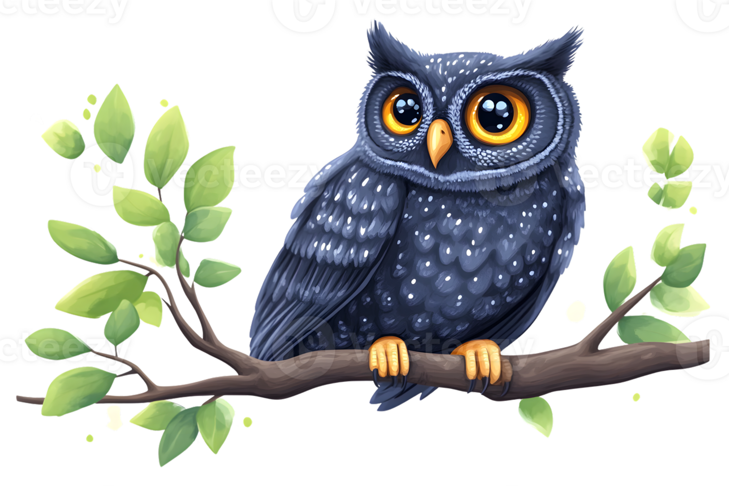 Charming Owl Perched on a Branch with Vibrant Green Leaves Ideal for Nature and Wildlife Theme png
