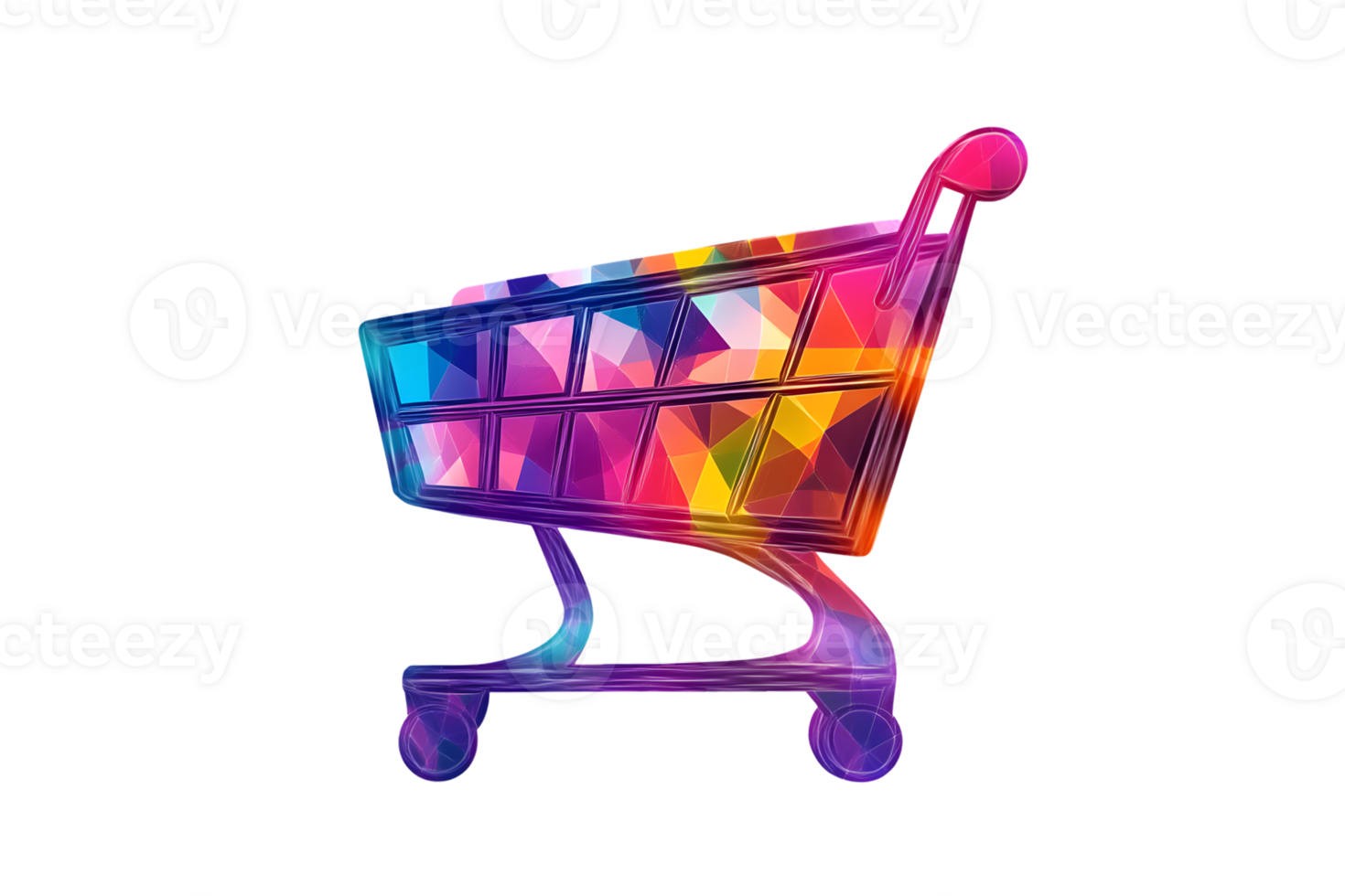 Colorful Shopping Cart with Geometric Patterns on a Black Background png