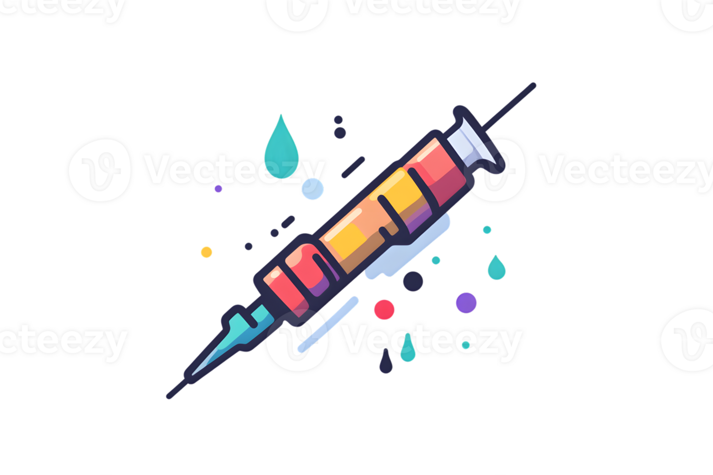 Colorful Syringe Illustration with Vibrant Drops and Dots for Medical Health and Creative Des png