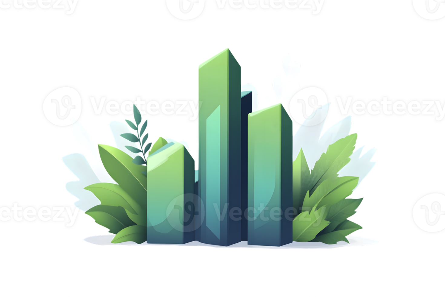 Crystal Formation with Lush Greenery and White Leaves A Vibrant Nature Illustration for Design png