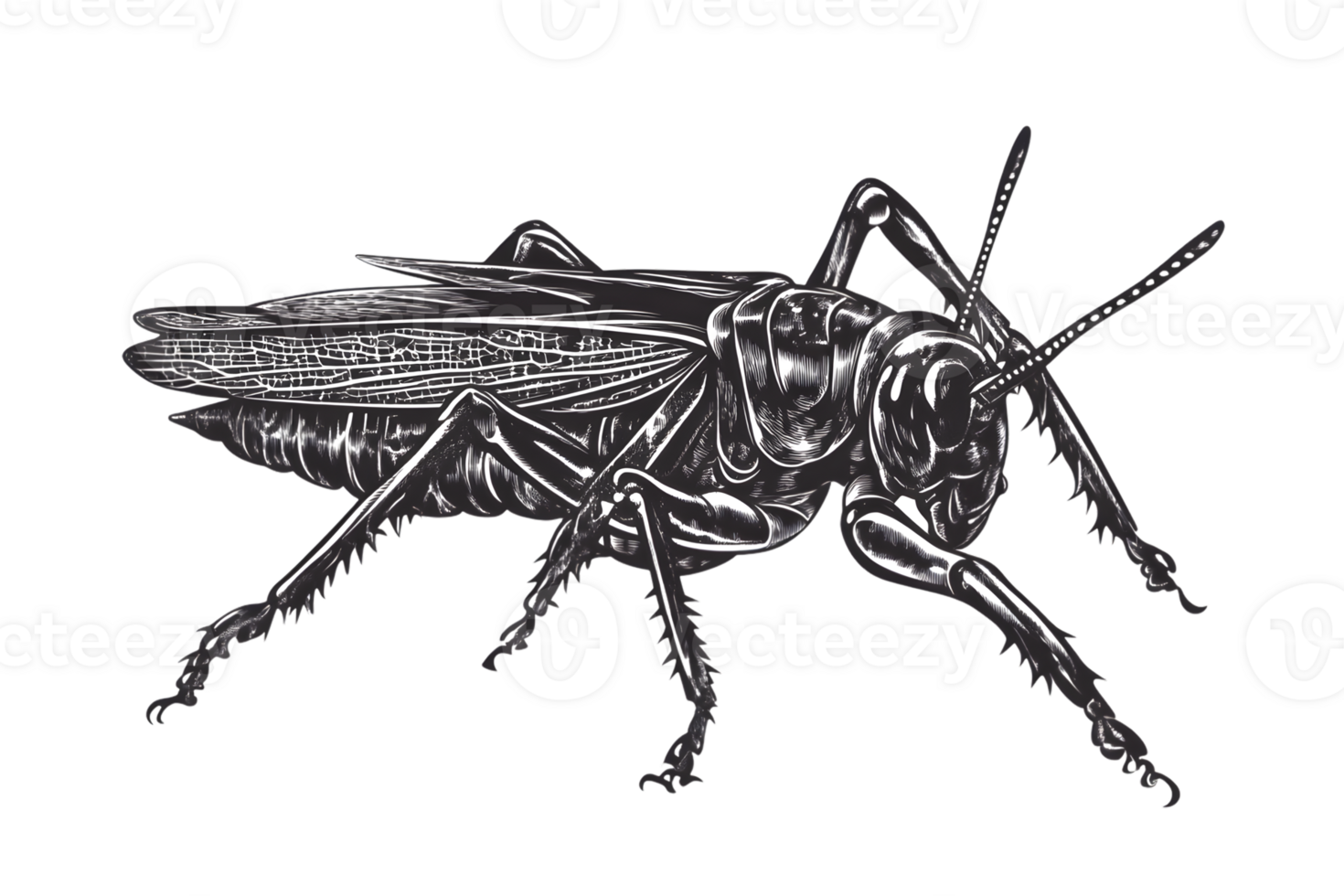 Detailed Illustration of a Grasshopper Insect Anatomy Black and White Graphic Design png