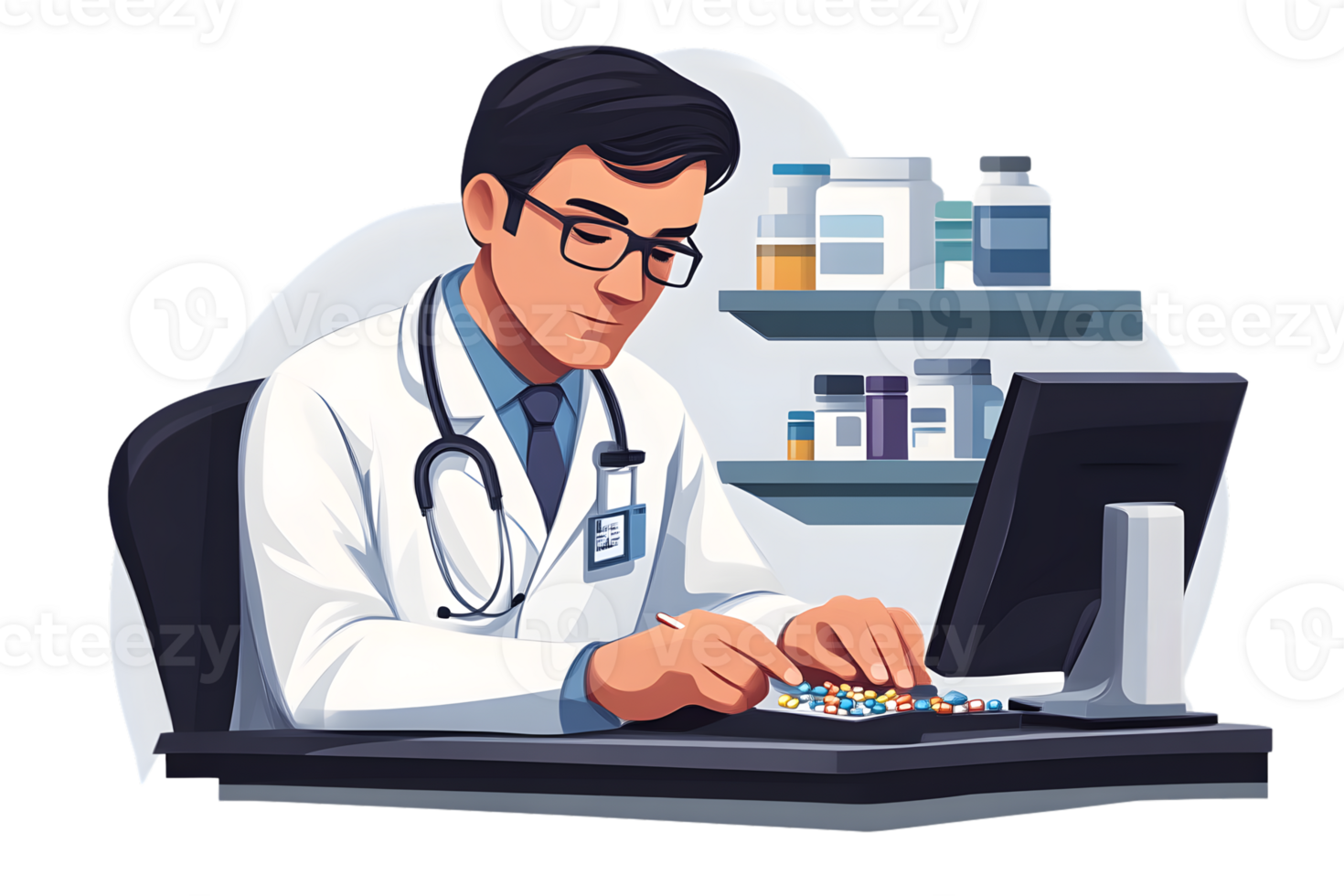 Doctor in White Coat Using Computer with Medications and Pills Around Medical Professional at png