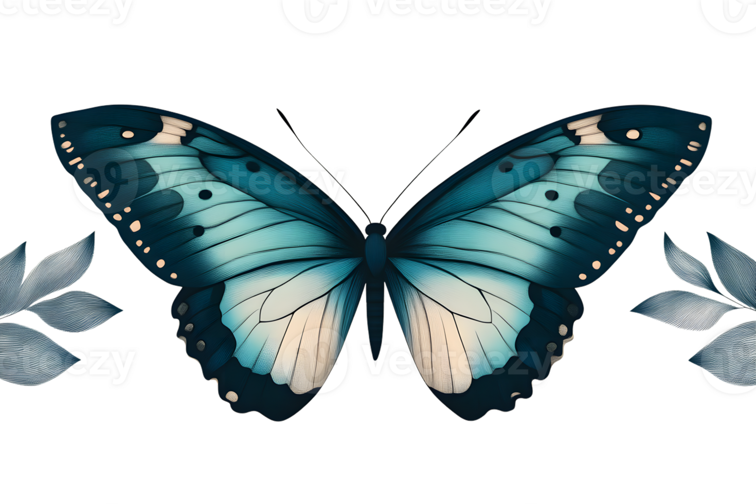 Elegant Blue Butterfly with Intricate Wing Patterns and Surrounding Leaves Perfect for Nature png