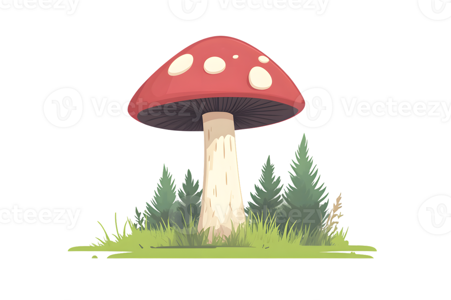 Enchanted Forest Mushroom with Red Cap and White Spots Surrounded by Green Grass and Trees png