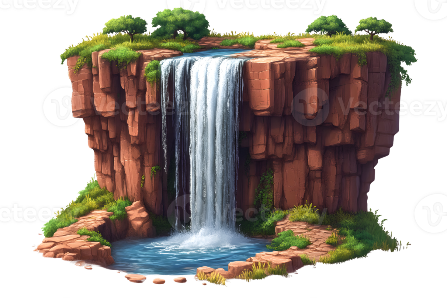 Isolated Waterfall in Lush Landscape Digital Painting Game Asset Nature Scene Cliffside Wat png