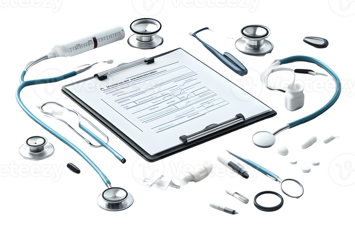 Medical Equipment and Tools Displayed with a Clipboard and Forms png