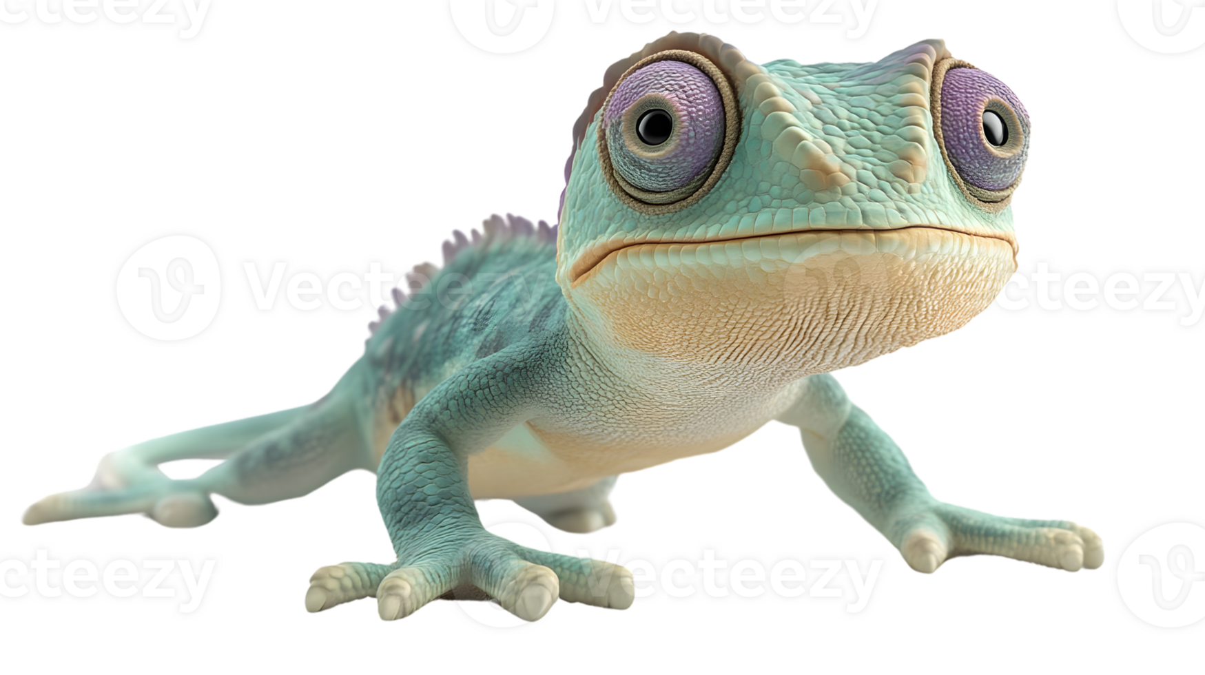 A charming animated reptile with vibrant purple eyes and a turquoise body ideal for fantasy n png