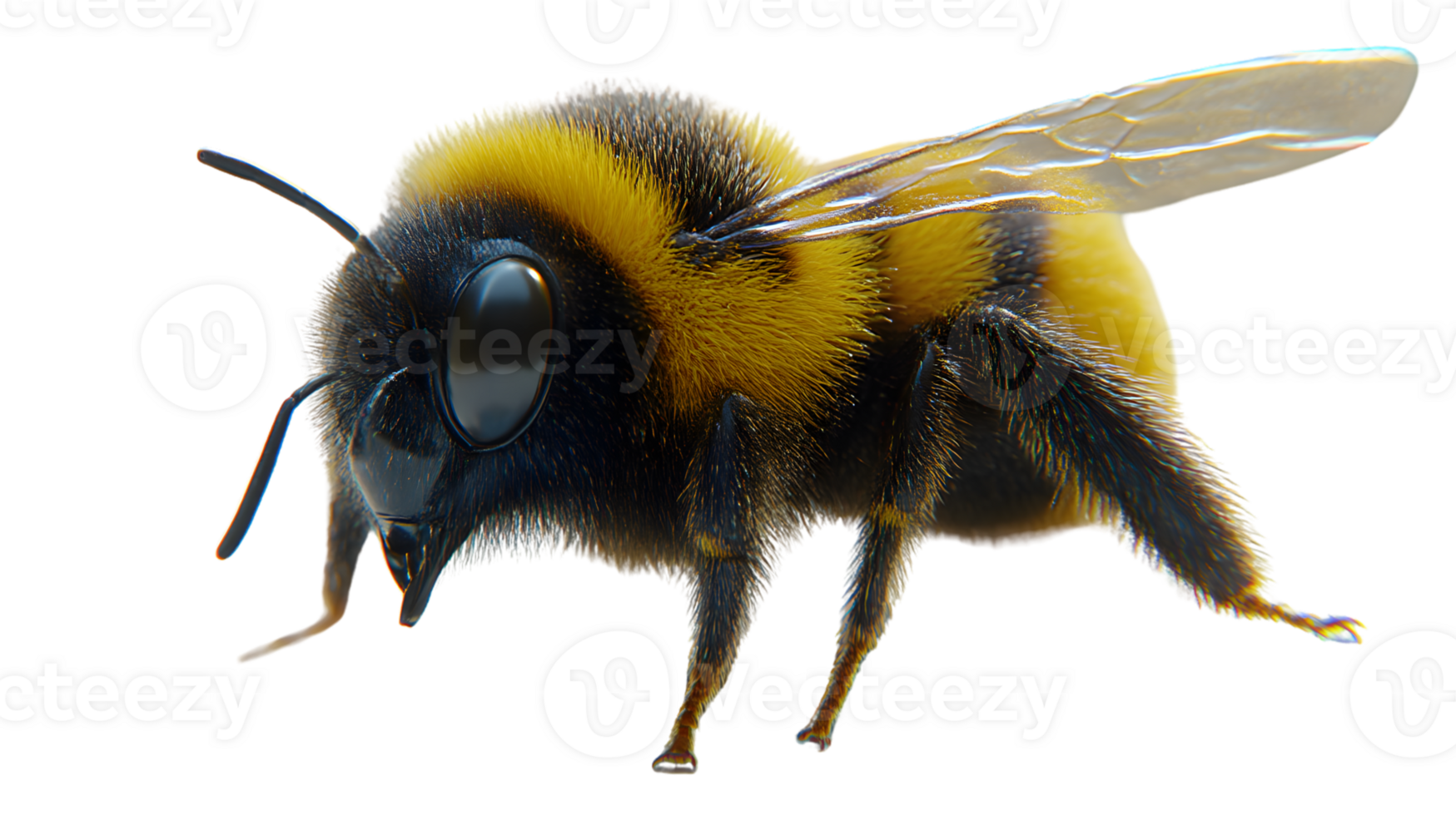 A detailed closeup of a bee with vibrant yellow and black stripes showcasing its wings and an png