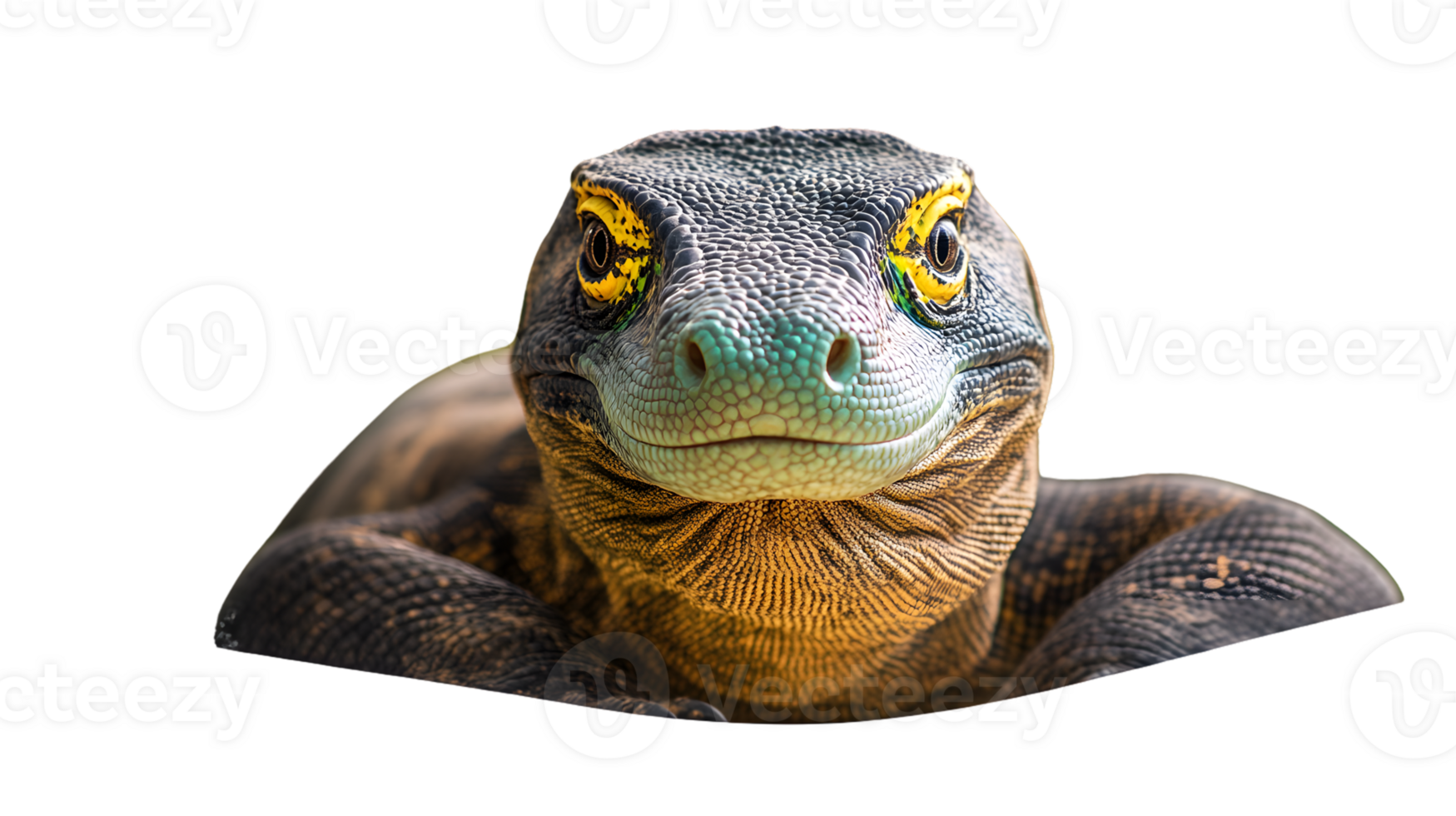 A detailed closeup of a reptile with vibrant scales and striking eyes ideal for nature and wi png
