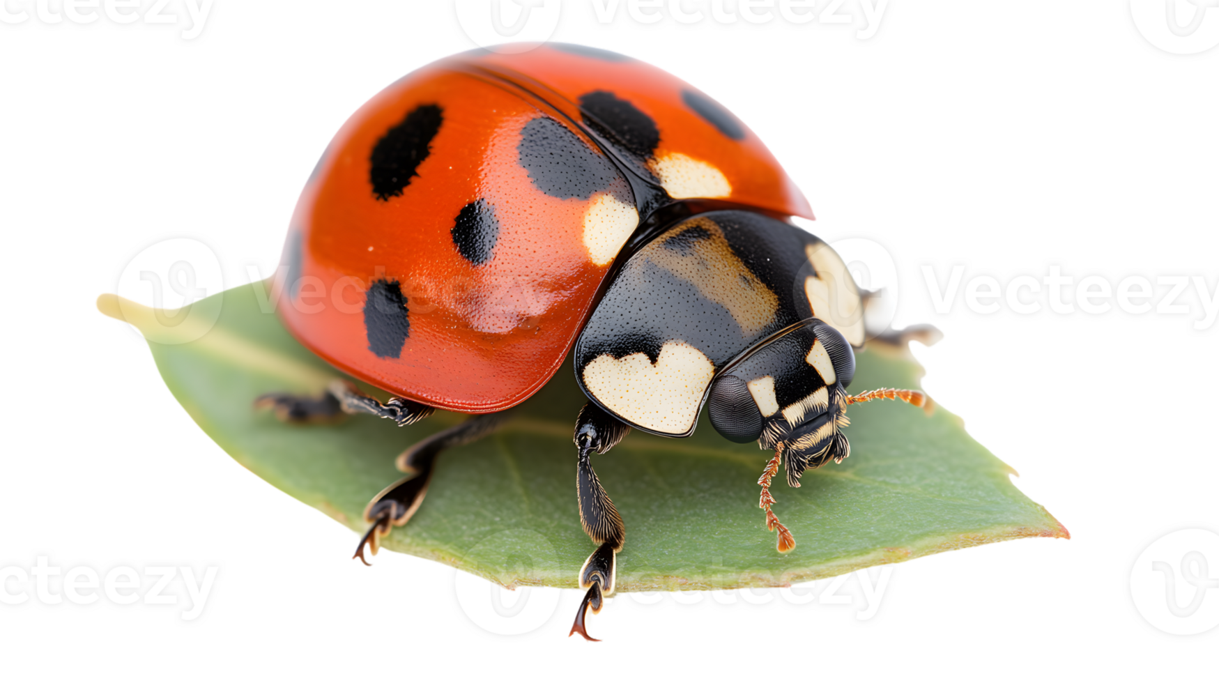 A vibrant insect resting on a leaf showcasing its distinctive spotted pattern and glossy wings png