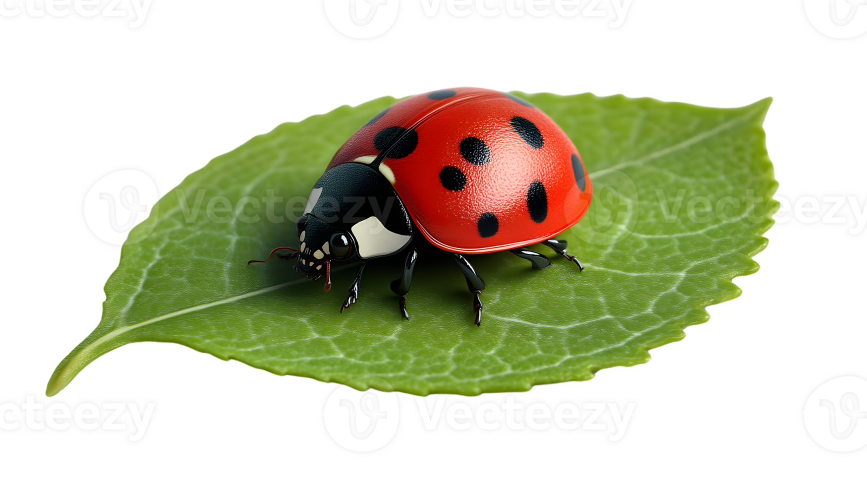 A vibrant red insect with black spots resting on a lush green leaf ideal for nature and wildli png