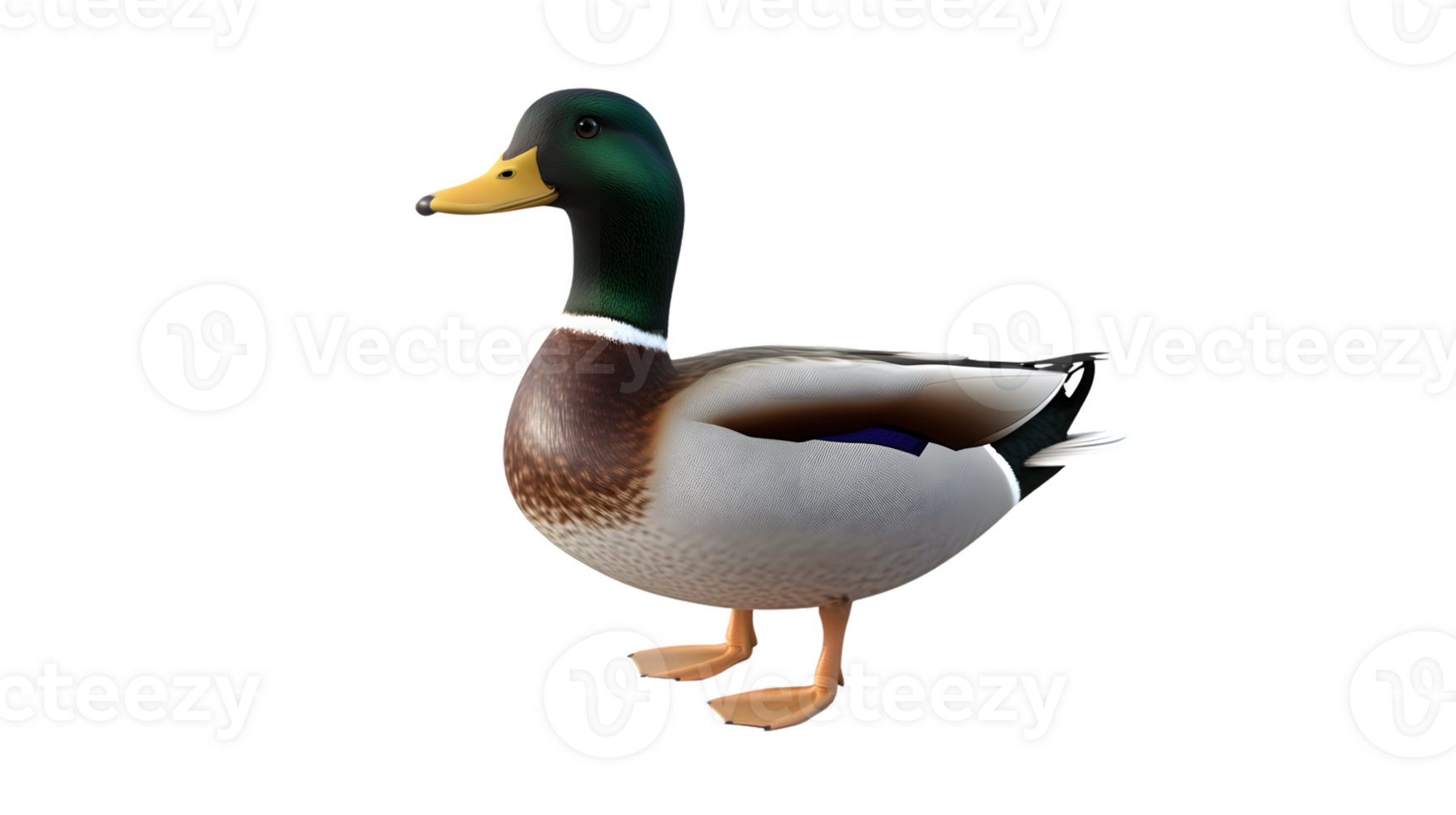 A vibrant waterfowl with a striking green head yellow beak and speckled body standing against png