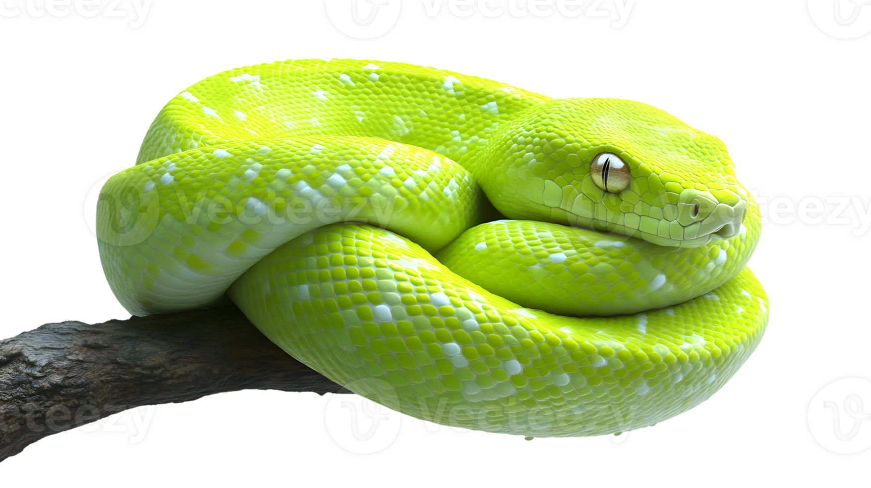 Bright Green Snake Coiled on Branch Reptile CloseUp png