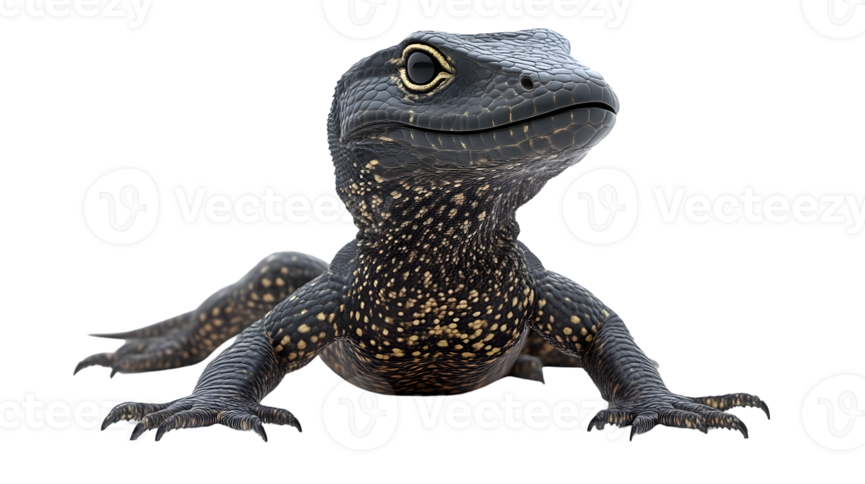 Closeup of a black lizard with yellow spots looking upward png