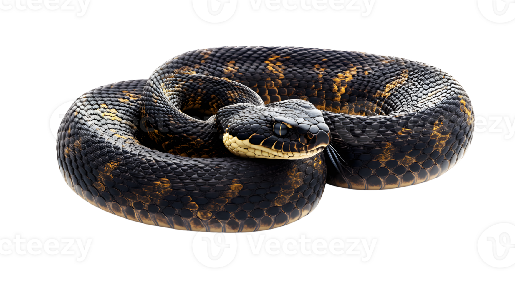 Closeup of a coiled venomous snake with black and gold scales on a black background png