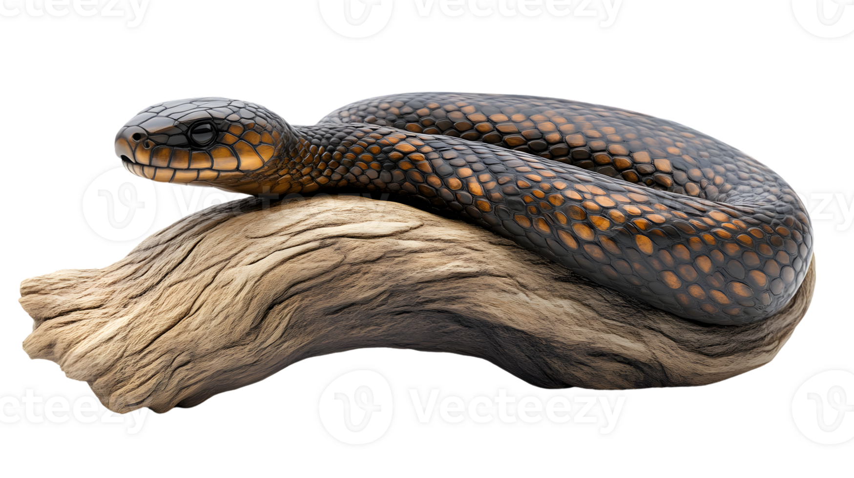 Closeup of a coiled snake on wood reptile texture detail png