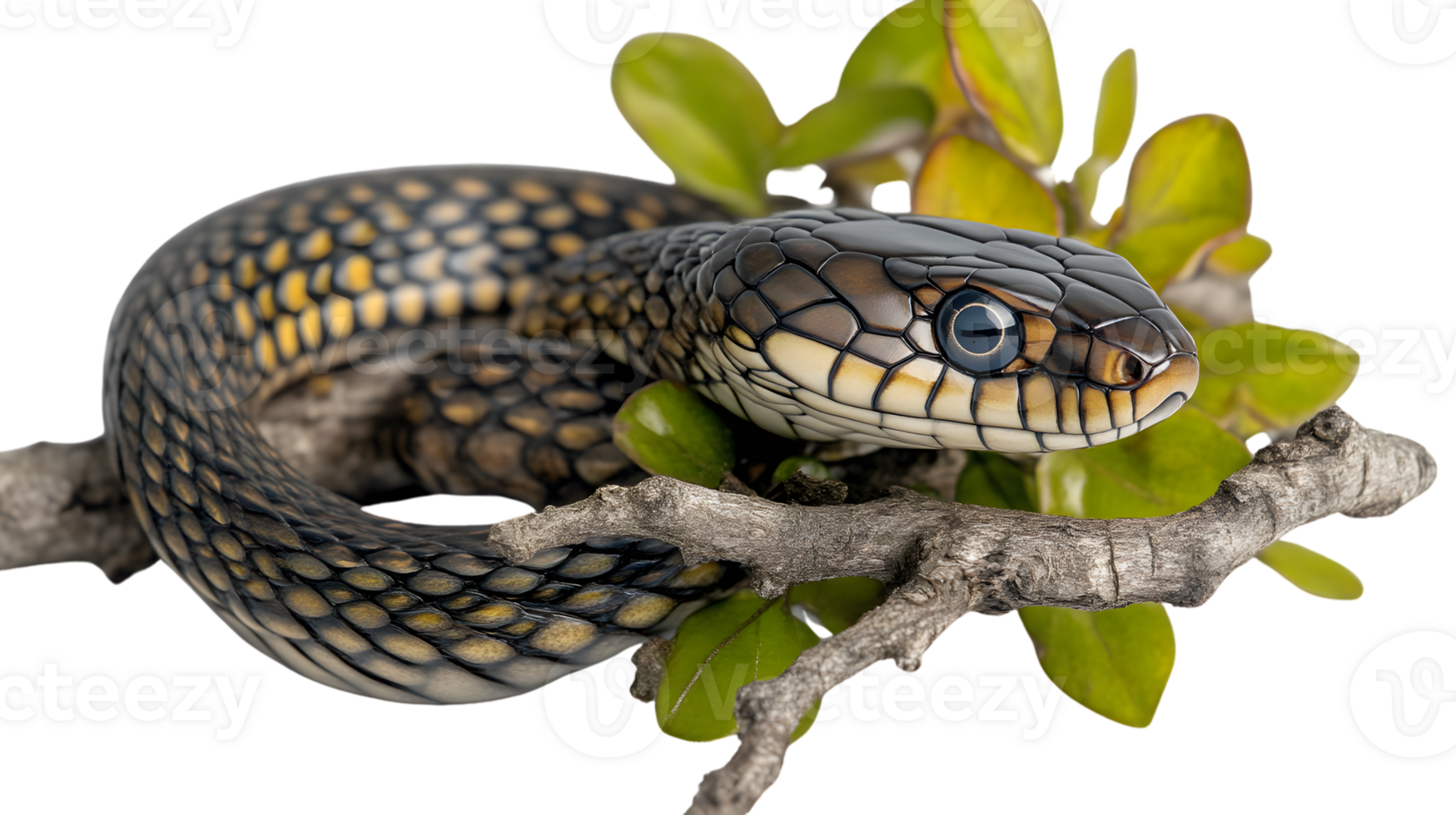 Closeup of a Snake on a Branch with Green Leaves png