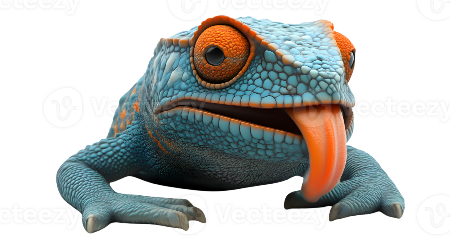 Closeup of a vibrant blue and orange reptile with its tongue out png