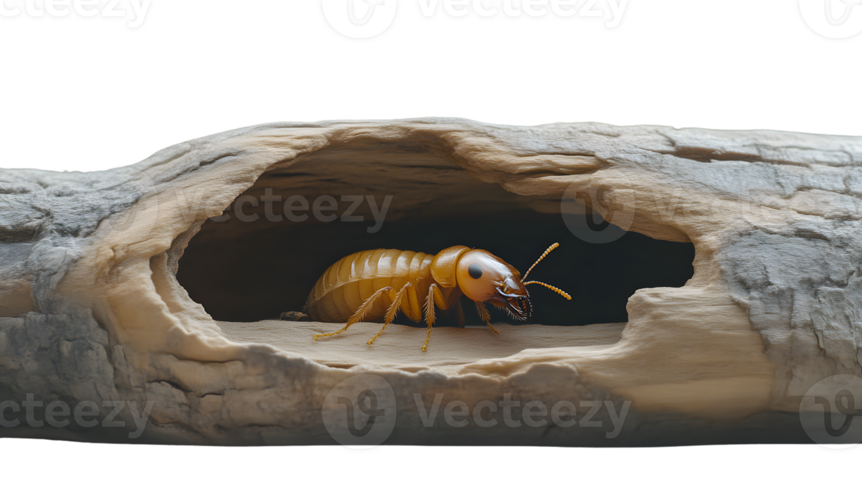 Closeup of a termite in its wooden burrow png
