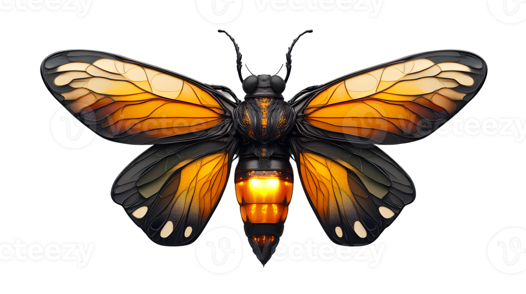 Illuminated Insect with Vibrant Wings and Glowing Body Detailed Artistic Representation of a F png
