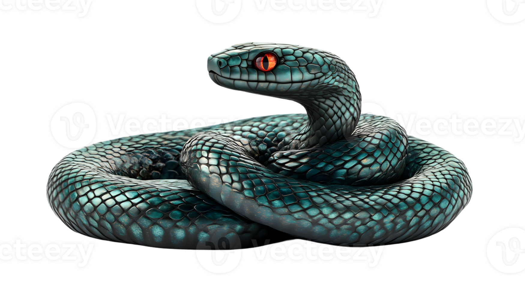 Intricate Blue Snake Coiled with Glowing Red Eyes Detailed Scales Wildlife Photography Natur png
