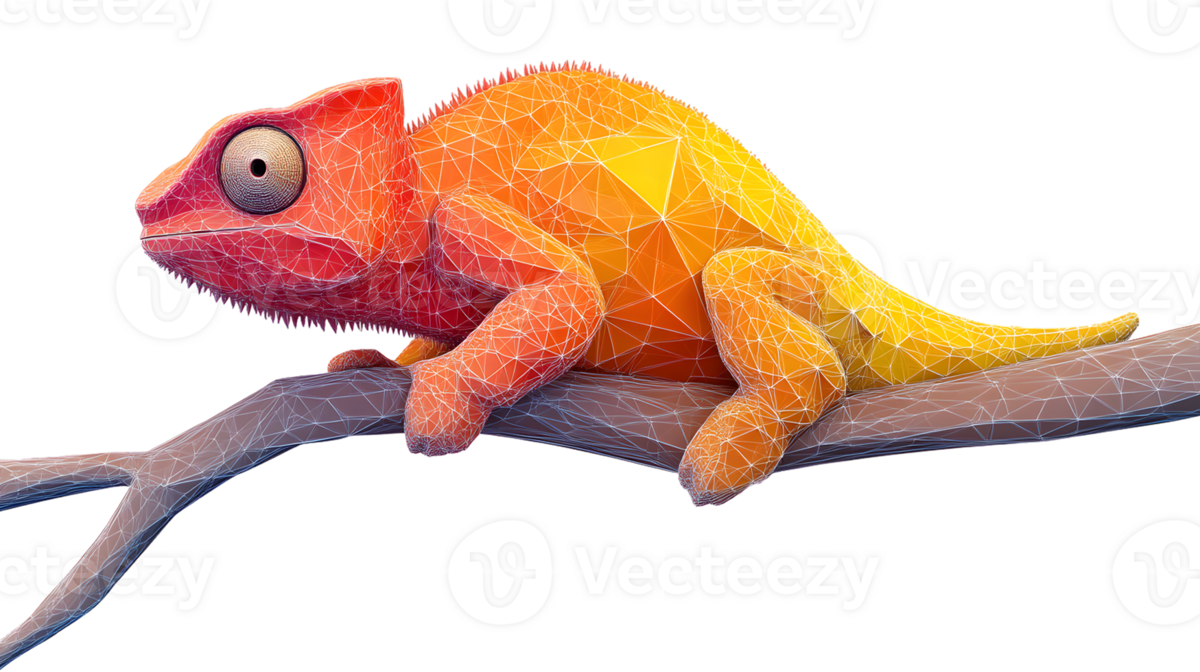 LowPoly Chameleon on Branch Colorful Reptile Digital Art 3D Render png