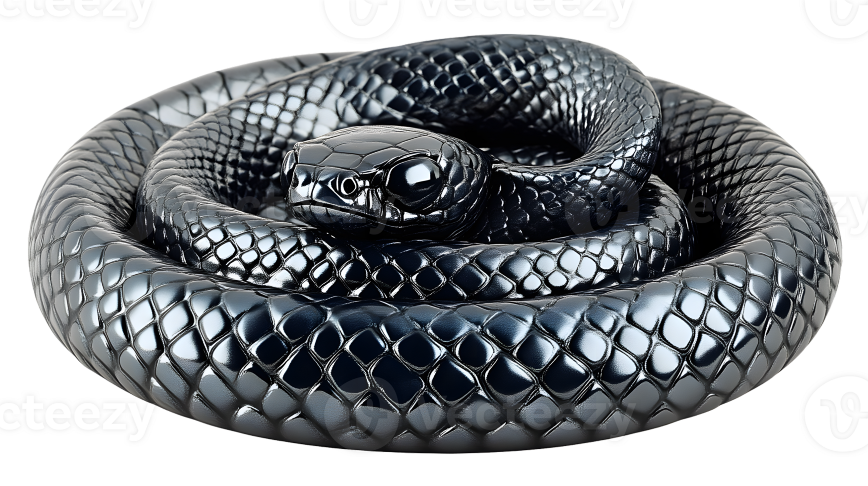 Metallic Black Snake Coiled Dark Reptile Shiny Scales 3D Render Wildlife Texture png