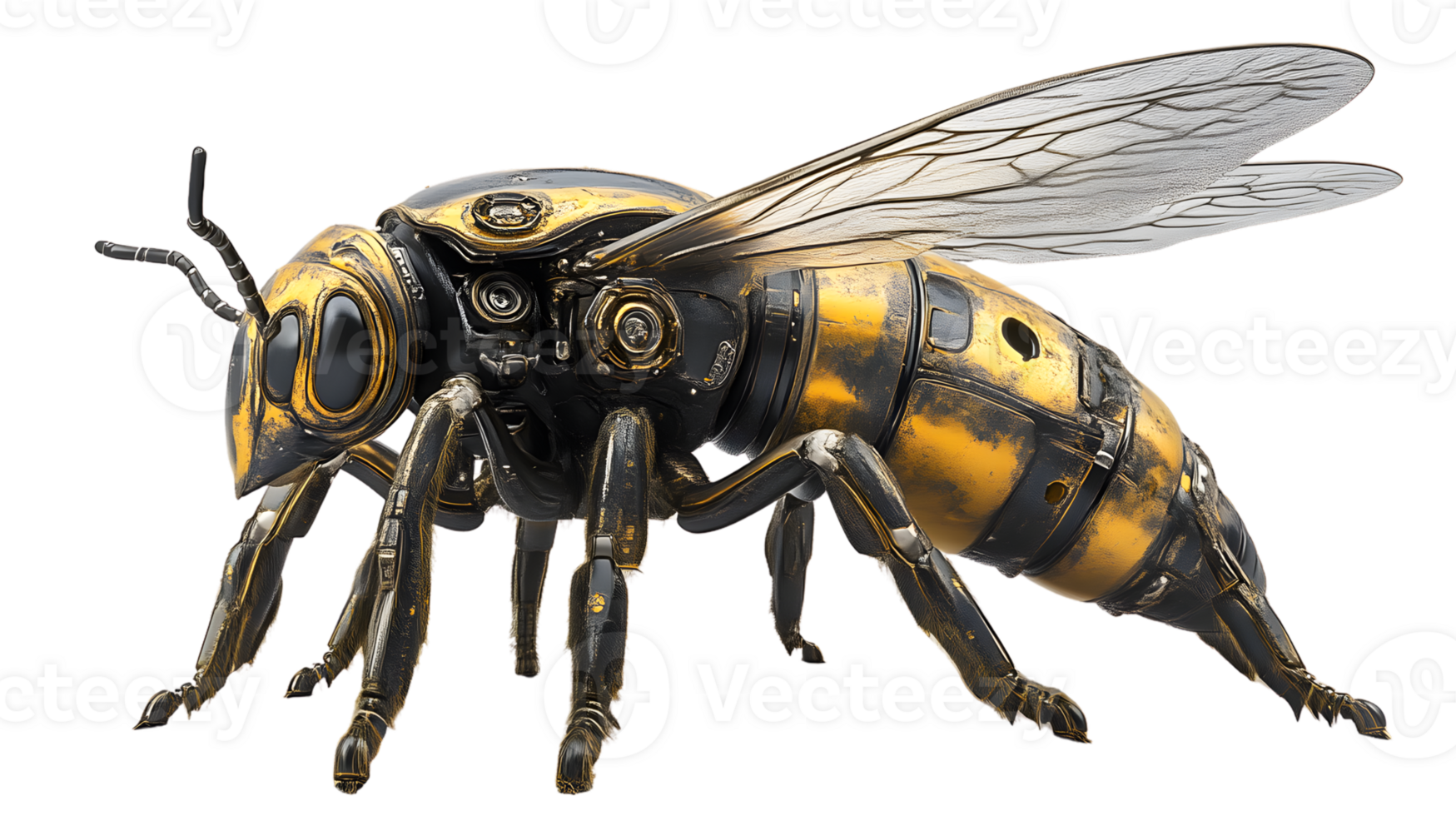 Metallic insect steampunk bee robotic creature 3D render gold and black detailed design f png