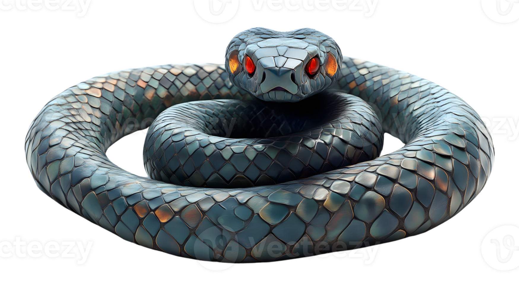 Serpentine Coiled Reptile with Glowing Eyes 3D Render Dark Background png