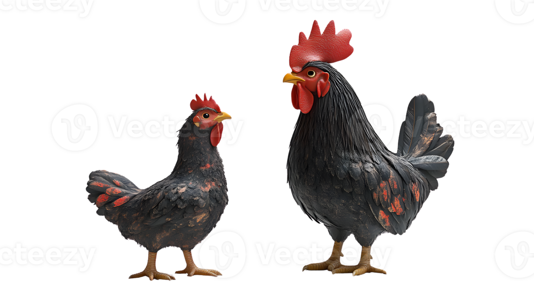 Two Roosters with Vibrant Feathers and Detailed Features on a Black Background png