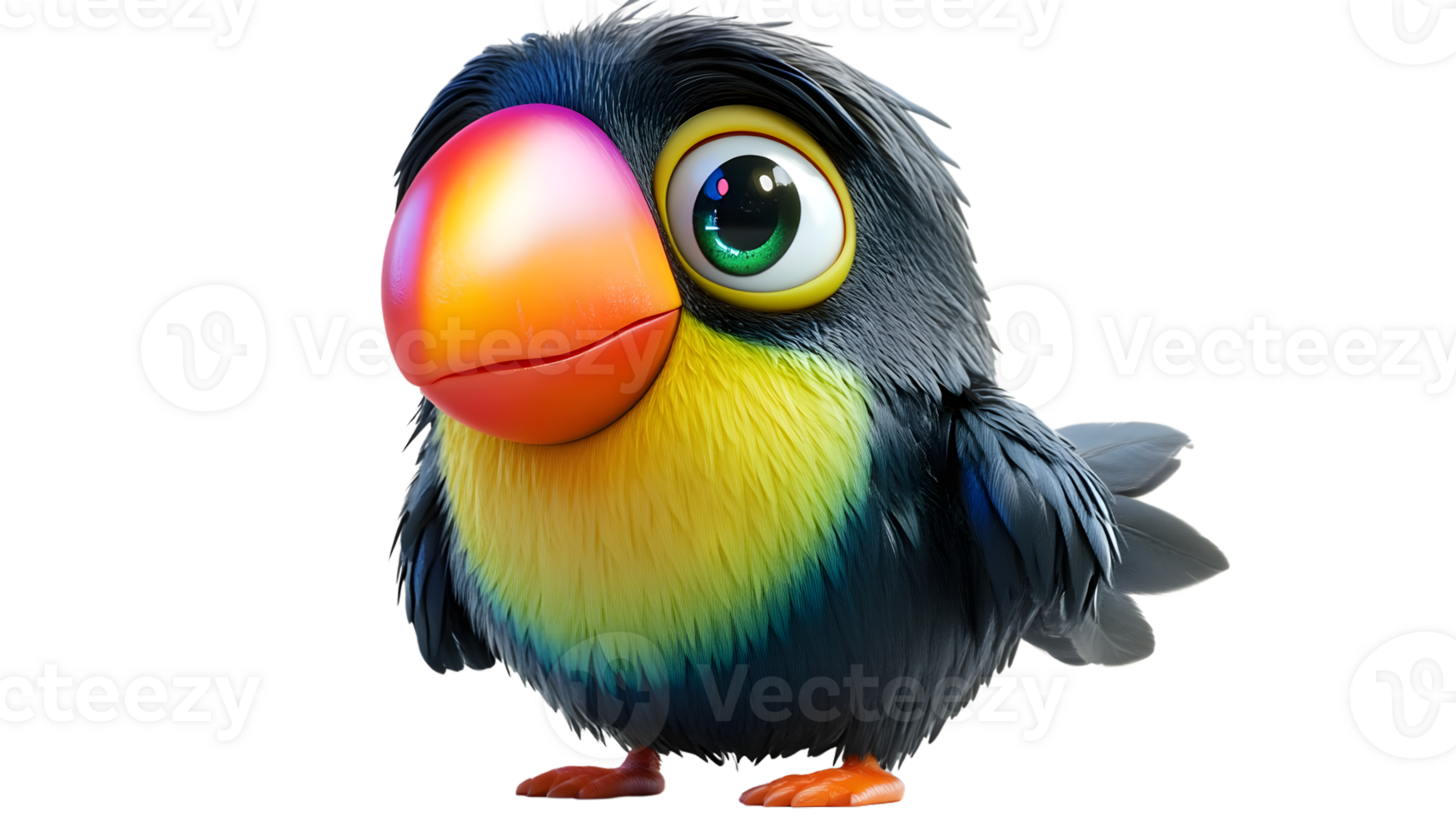 Vibrant Cartoon Bird with Colorful Feathers and Expressive Eyes png