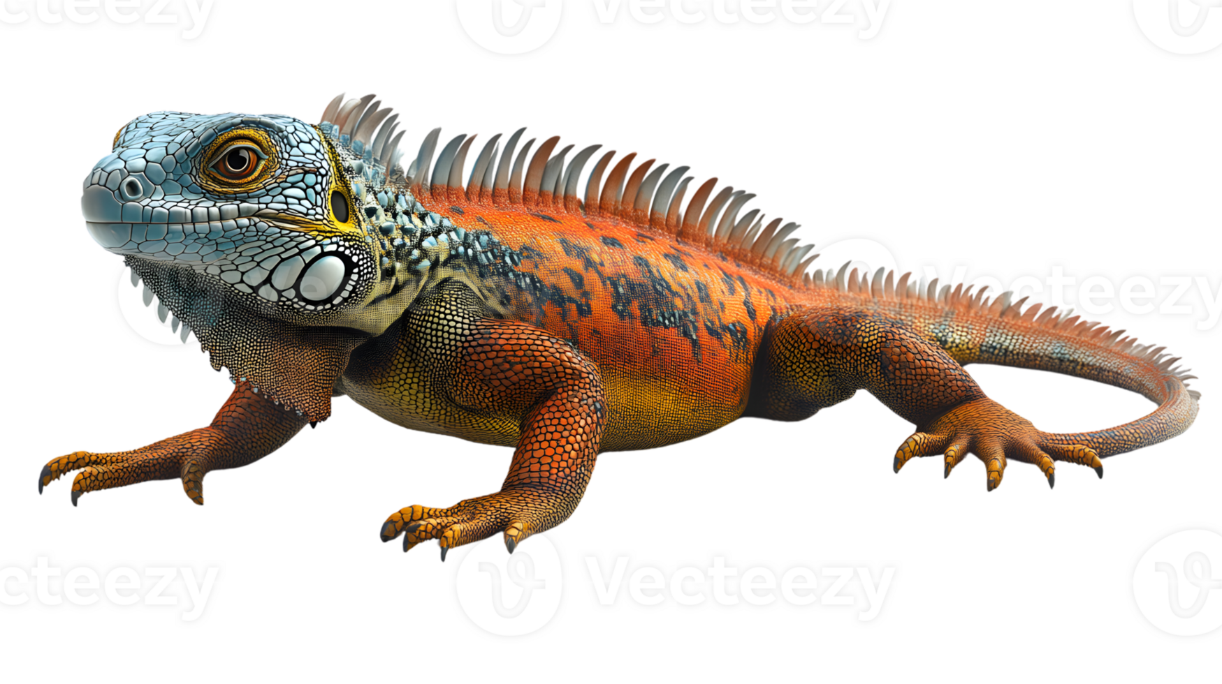 Vibrant Orange and Blue Iguana Lizard Reptile Closeup Exotic Pet Wildlife Photography png