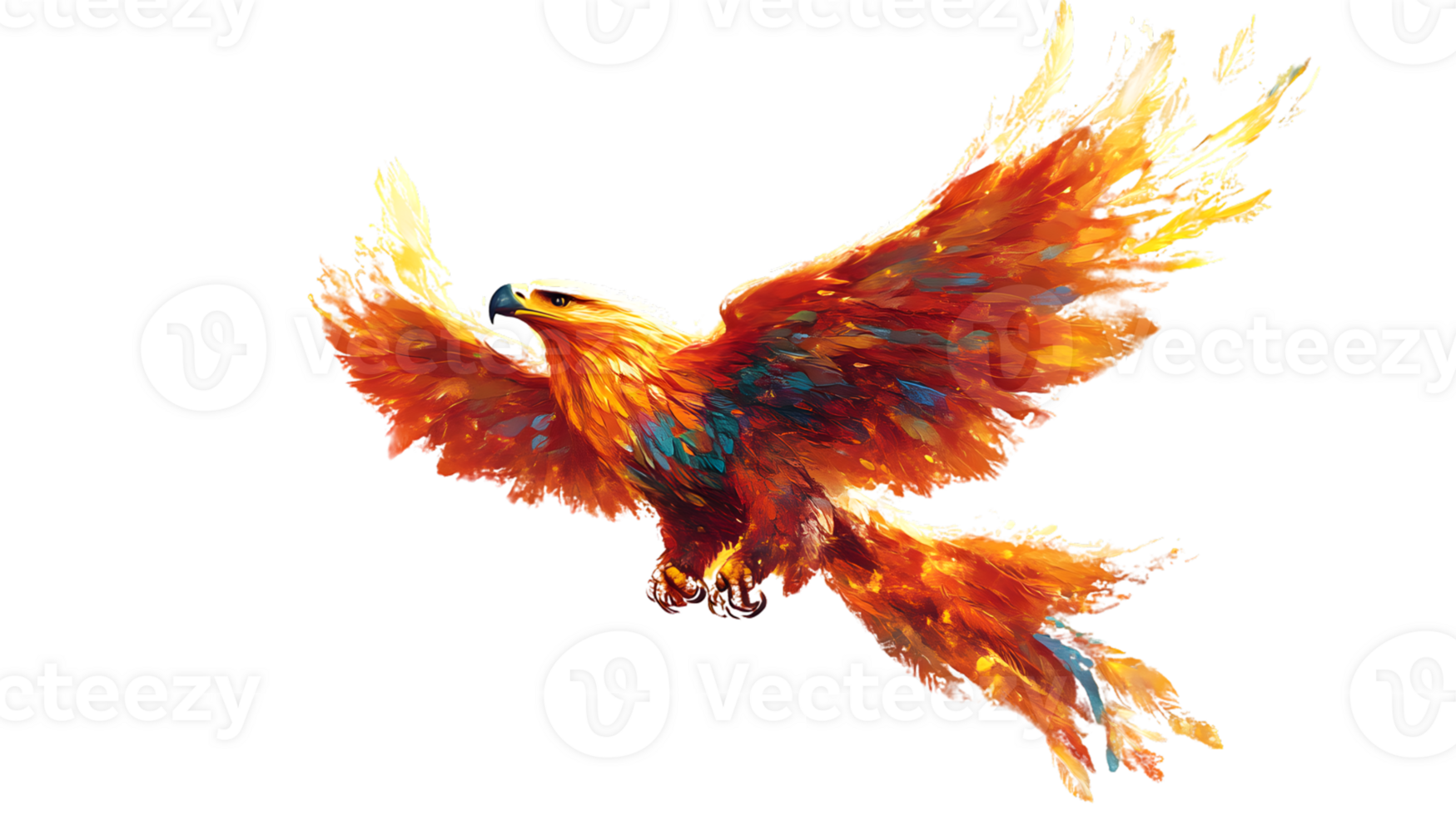 Vibrant Phoenix in Flight A Fiery Bird of Legend with Wings Spread Wide Against a Dark Backgro png