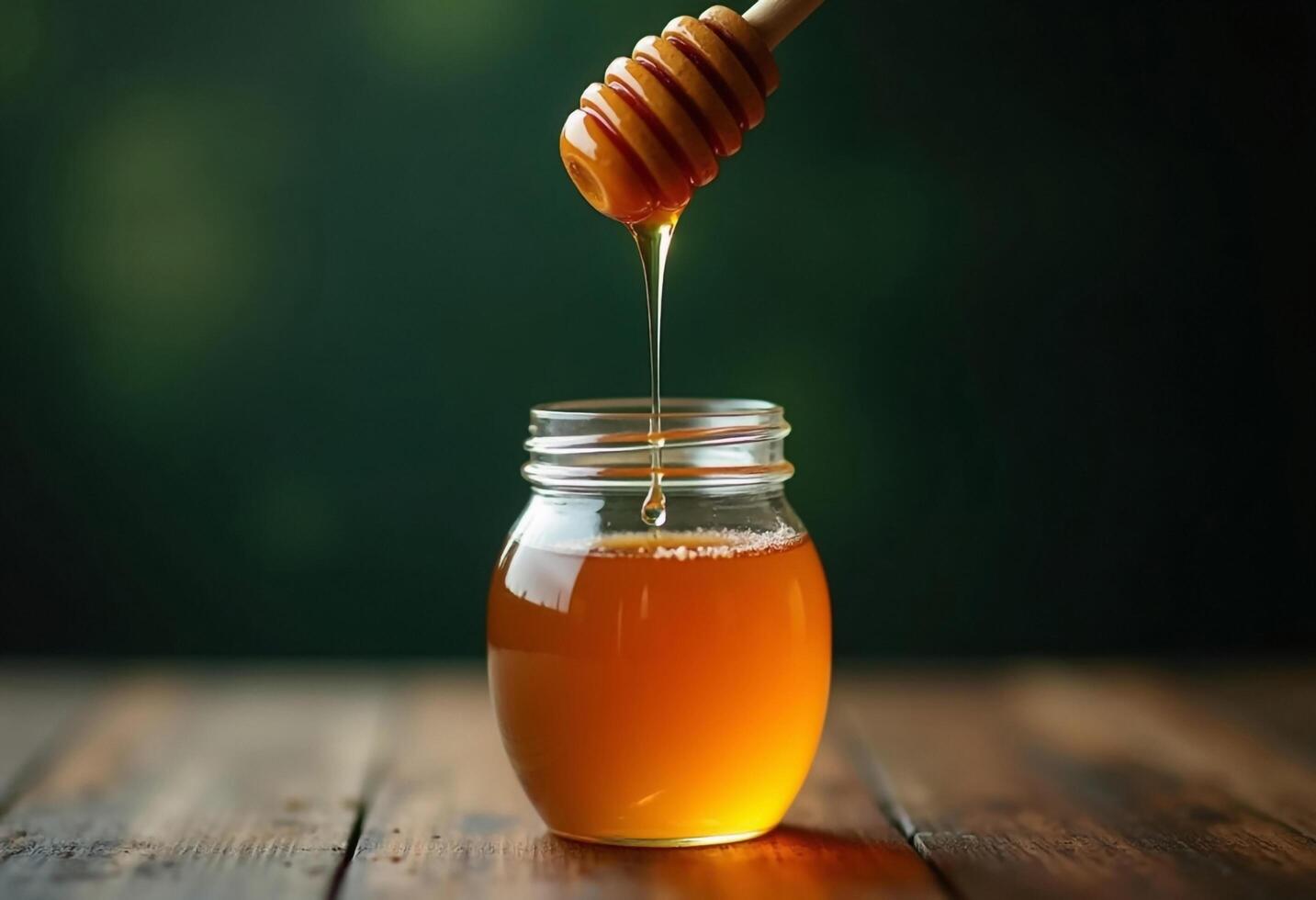 Honey Dripping From Wooden Dipper Into A Glass Jar On A Rustic Table photo