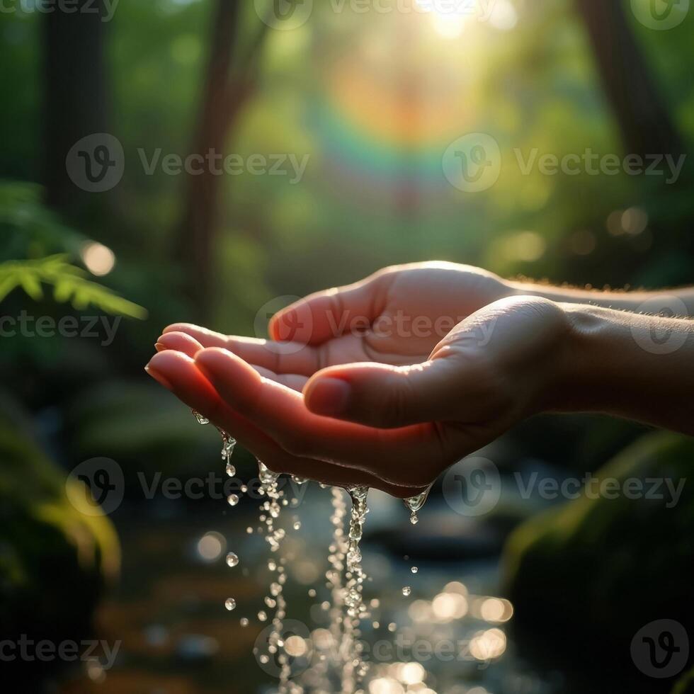 Hands Cupping Water In Forest Stream Nature Conservation Concept Environment photo