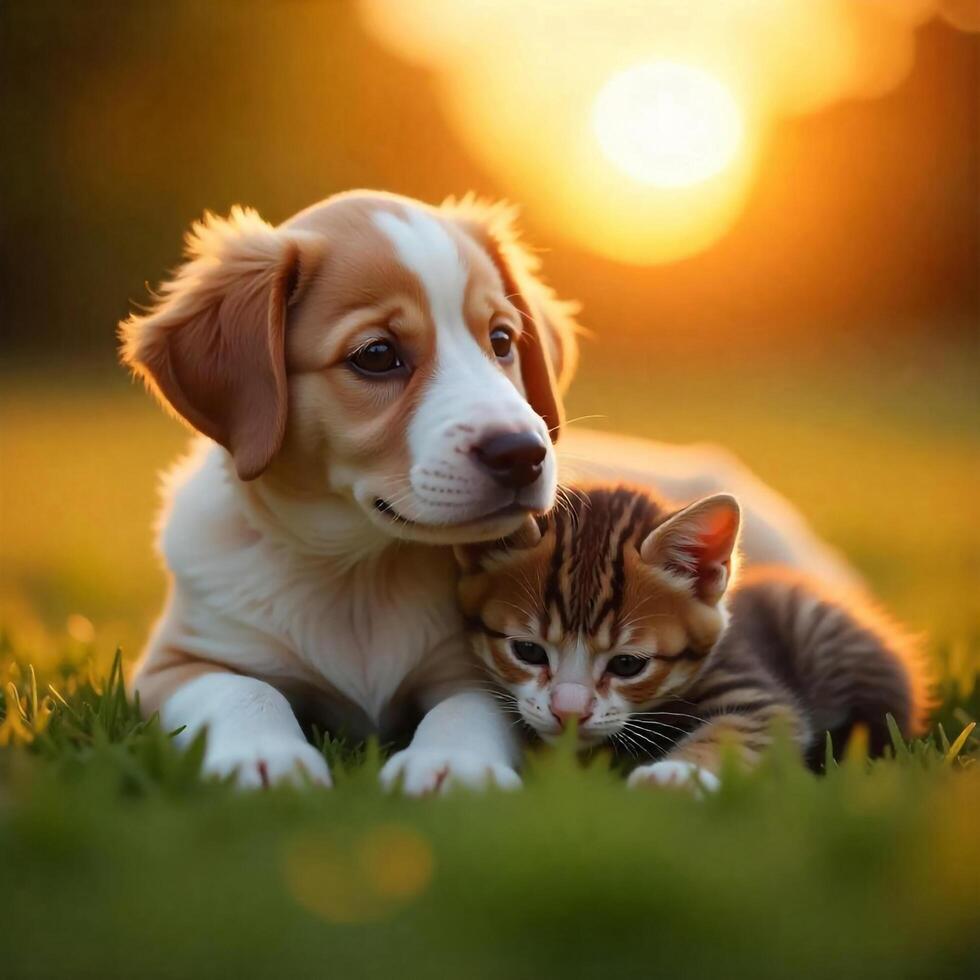 Adorable Puppy And Kitten Cuddling In Golden Sunlight On Green Grass Together photo